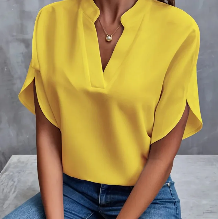 Women’s Elegant Solid V-Neck Chiffon Blouse – Casual Short Sleeve Loose Top - Image 7