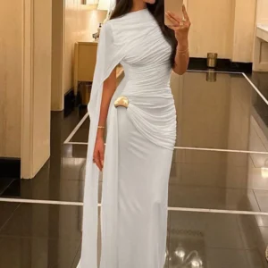 Sisterlinda Elegant Dress Woman Ruched o-Neck Sleeveless Irregular Ribbon Metal Trim Classic Birthday Party Banquet Vestidos