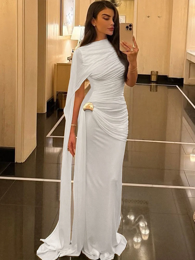 Sisterlinda Elegant Dress Woman Ruched o-Neck Sleeveless Irregular Ribbon Metal Trim Classic Birthday Party Banquet Vestidos