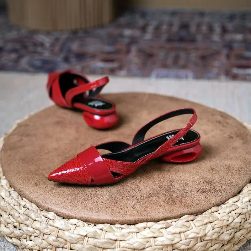 Women Sandals Luxury Designer Slingback Shoes Woman Pointed Toe Heels Golden Silver Red Pumps Block Heel Sandalias Femininas