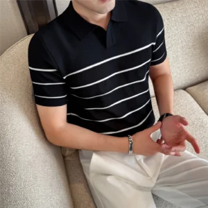Men's Smart Casual Striped Knit Polo – Slim-Fit Turn-Down Collar T-Shirt