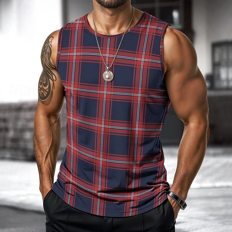 Retro Men's Vest Top 3D Print Plaid Striped Graphic Sleeveless Shirt Crew Neck Loose Streetwear Summer Fashion Casual Tank Tops - Image 9