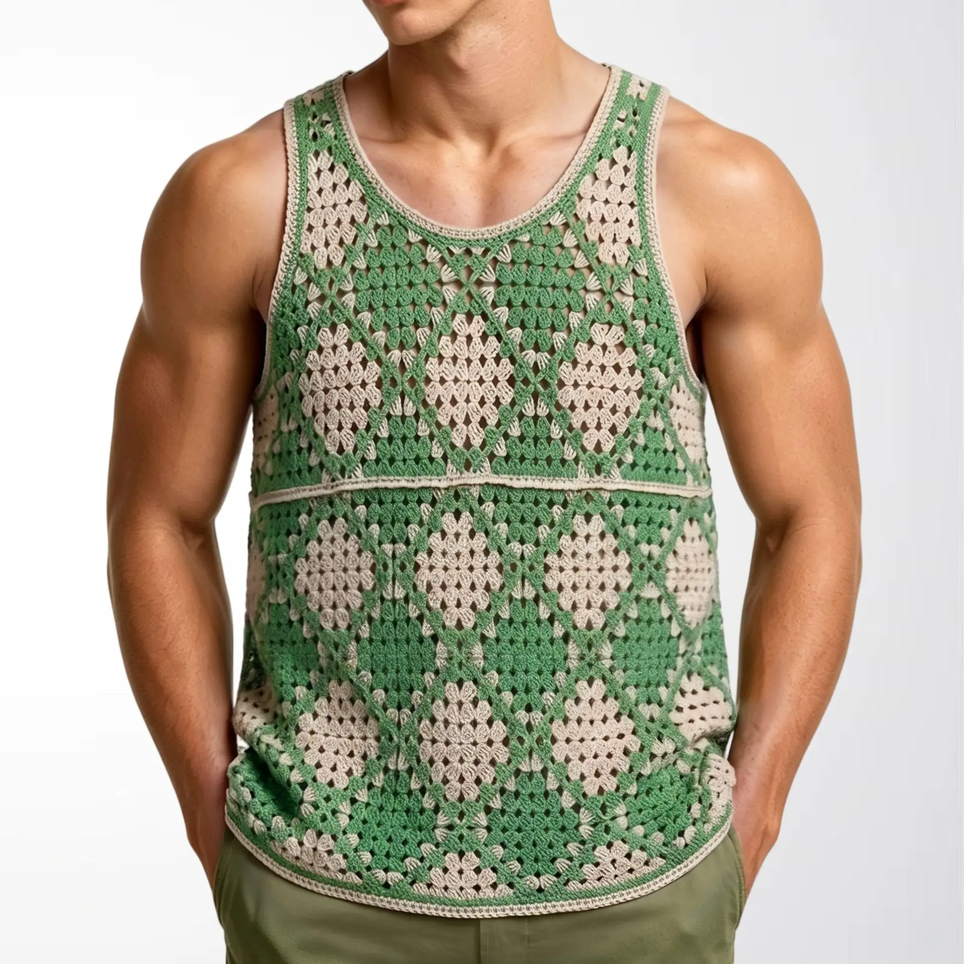 New Men's Retro Boho Crochet Tank Tops Summer Casual Crew Neck Fashion Sleeveless Vest Ethnic Style Loose Breathable Sports Tops - Image 8