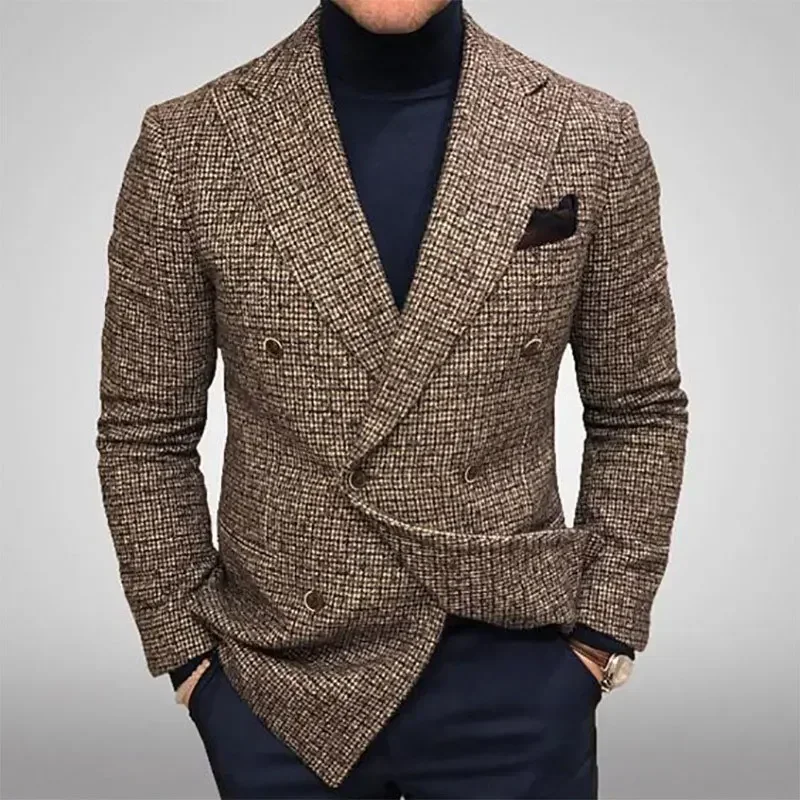 Spring Autumn Elegant Men's Jackets Knit Casual Business Men Blazer Slim Fit Fashion Versatile Checkered Long Sleeves Suit Coat - Image 2