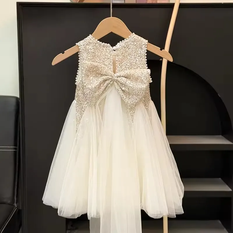 Kids Girls Summer Sequined Princess Gown Mesh Tulle Puff Sleeve Dress Elegant Birthday Party Pageant Vestidos Casual Holiday Clothes Age 2-10 Years - Image 5