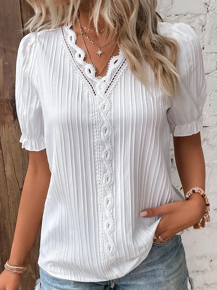 Women's Summer New Top Solid Sexy V-Neck Hollow Short Sleeve Shirt Fashion Splice Plus Size Blouse Loose Street Apparel - Image 10