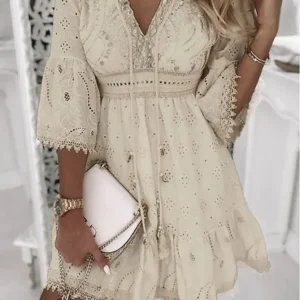 Hollow Out Summer Dress for Women Female V Neck Long Sleeve White Mini Dresses Loose Solid Casual Beach Holiday Vestidos
