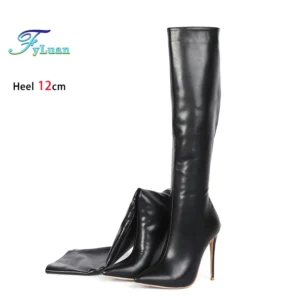 Black Pointed Boots For Woman 12CM Stiletto Fashion Women Party Winter Shoes Plus Size 43 44 45 Back Zipper Woman Mid-calf Boots