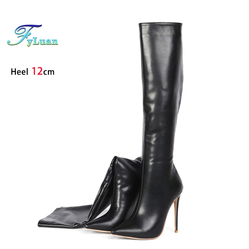 Black Pointed Boots For Woman 12CM Stiletto Fashion Women Party Winter Shoes Plus Size 43 44 45 Back Zipper Woman Mid-calf Boots
