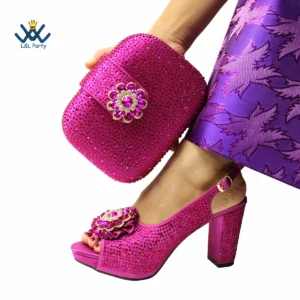 Elegant Magenta Crystal Party Sandals – Luxury African-Style Women’s Matching Shoe and Bag Set