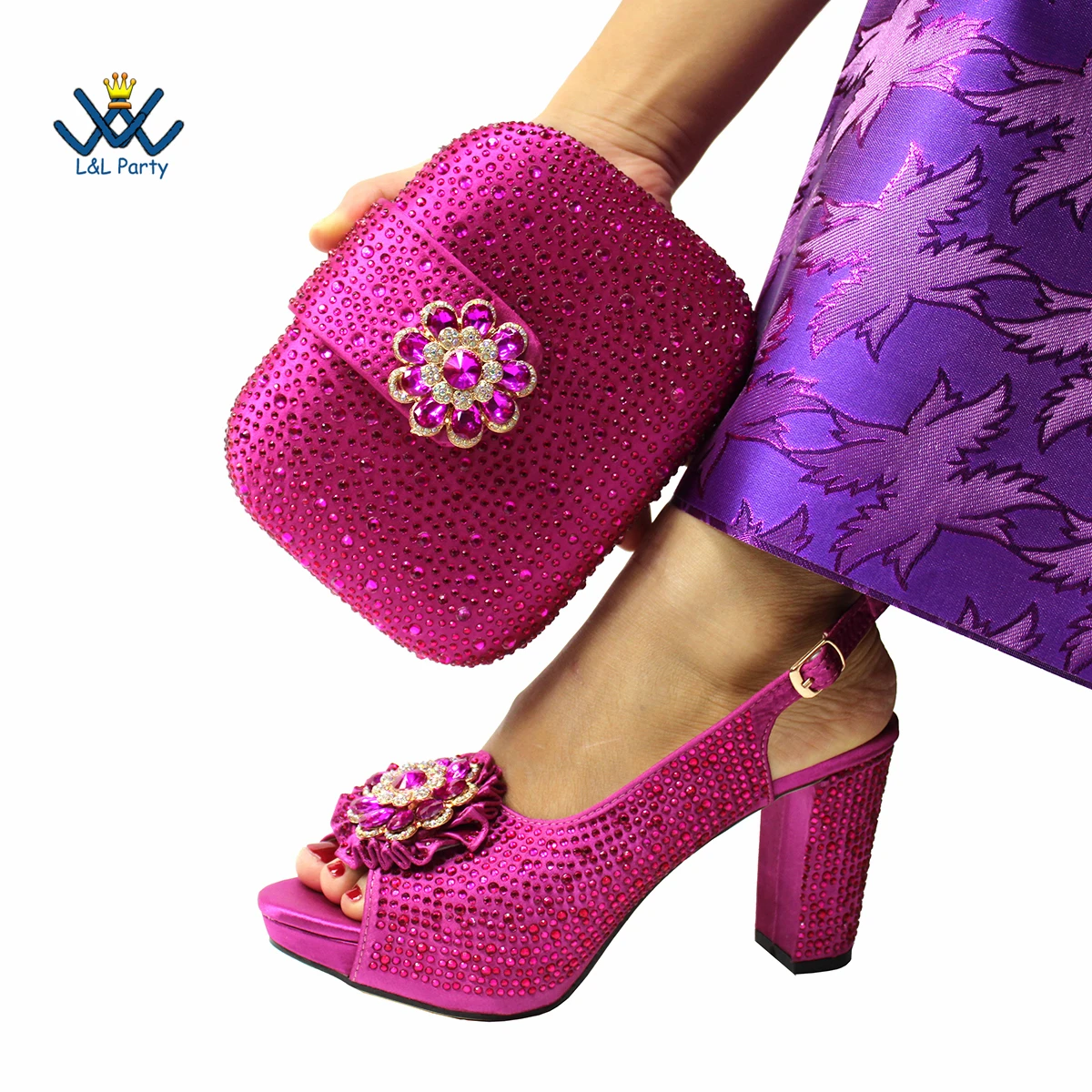 Elegant Magenta Crystal Party Sandals – Luxury African-Style Women’s Matching Shoe and Bag Set