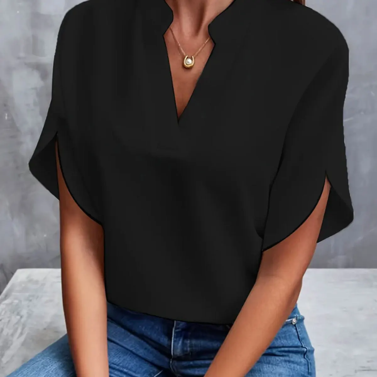 Women’s Elegant Solid V-Neck Chiffon Blouse – Casual Short Sleeve Loose Top - Image 4