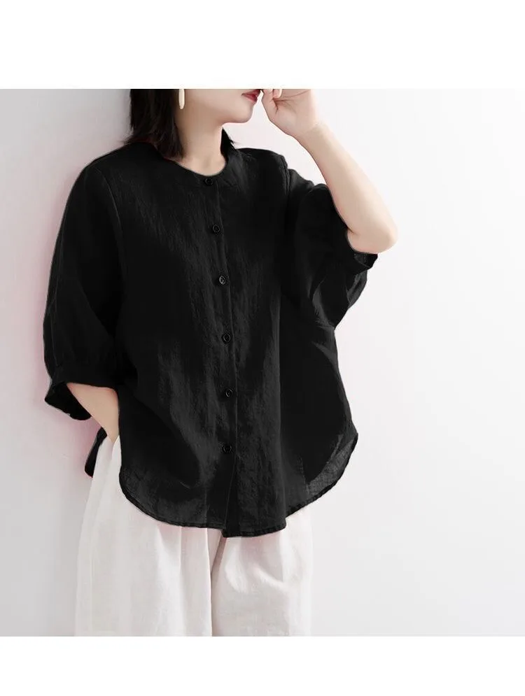 Women’s Plus-Size Solid Color Cotton-Linen Blouse – Comfortable Loose-Fit Office Top - Image 6