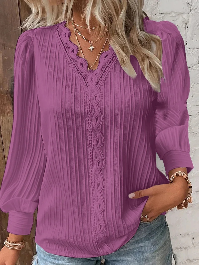 Women’s Elegant V-Neck Hollow Lace Patchwork Blouse – Chic Long Sleeve Casual Top - Image 8