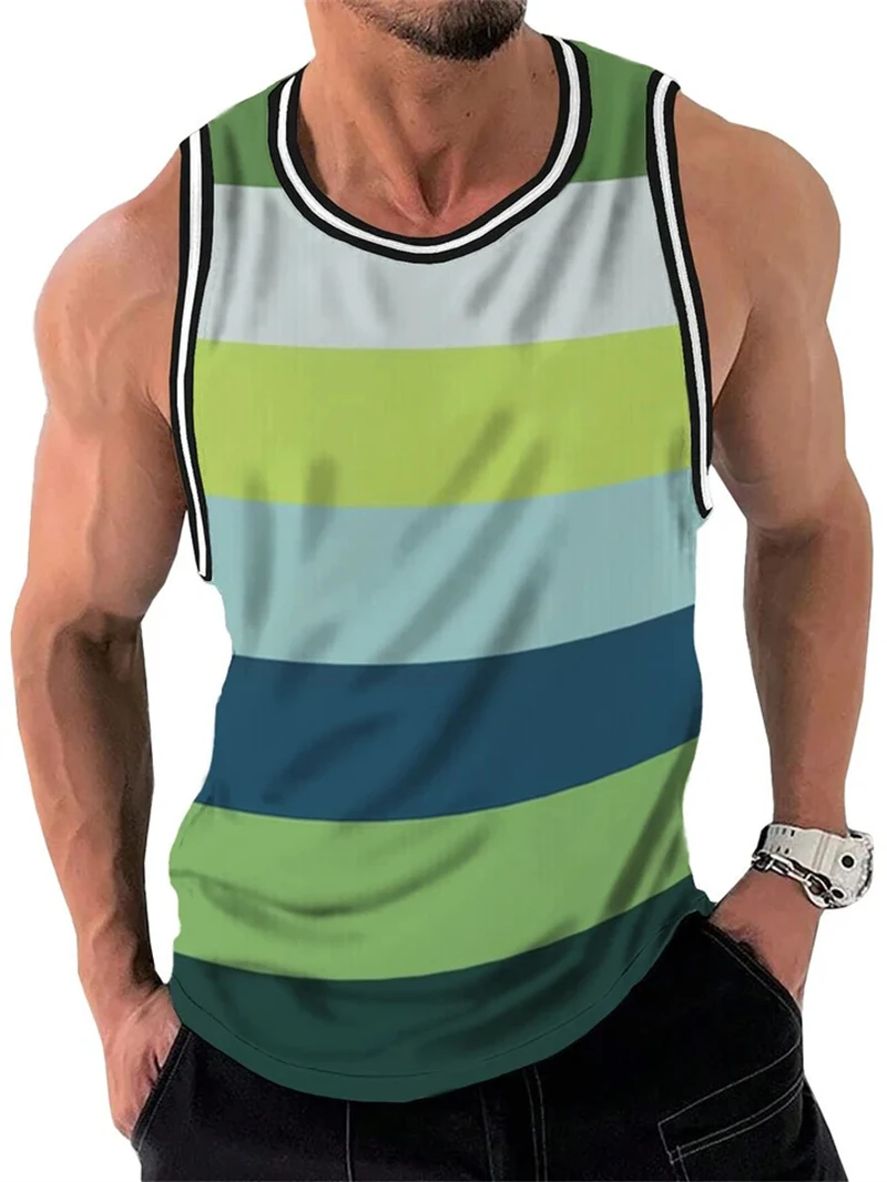 Summer Retro Stripe Graphic Tank Tops For Men Fashion Sleeveless 3D Printed Fitness Vest Loose Crew Neck Quick Dry Sports Tops - Image 4