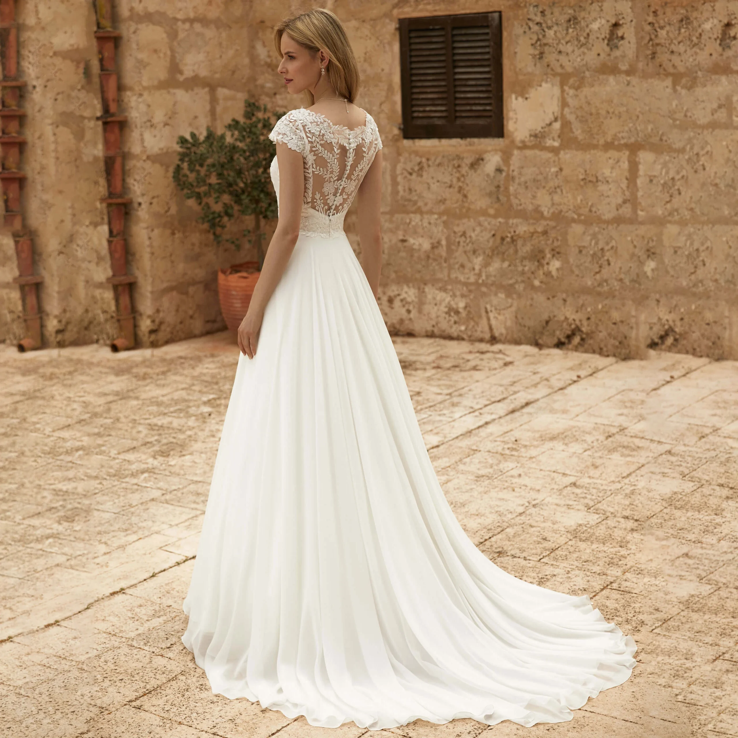Cap Sleeve Floral Lace Chiffon Wedding Dress V Neck Sheer Back A Line Bridal Gown Long Train Outdoor Civil Wedding Custom Sizes - Image 2