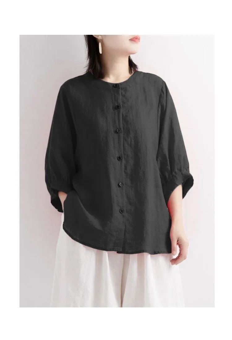 Women’s Plus-Size Solid Color Cotton-Linen Blouse – Comfortable Loose-Fit Office Top - Image 4