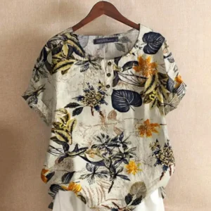 Women’s Floral Printed Cotton Tunic – Casual Short Sleeve Kaftan Blouse