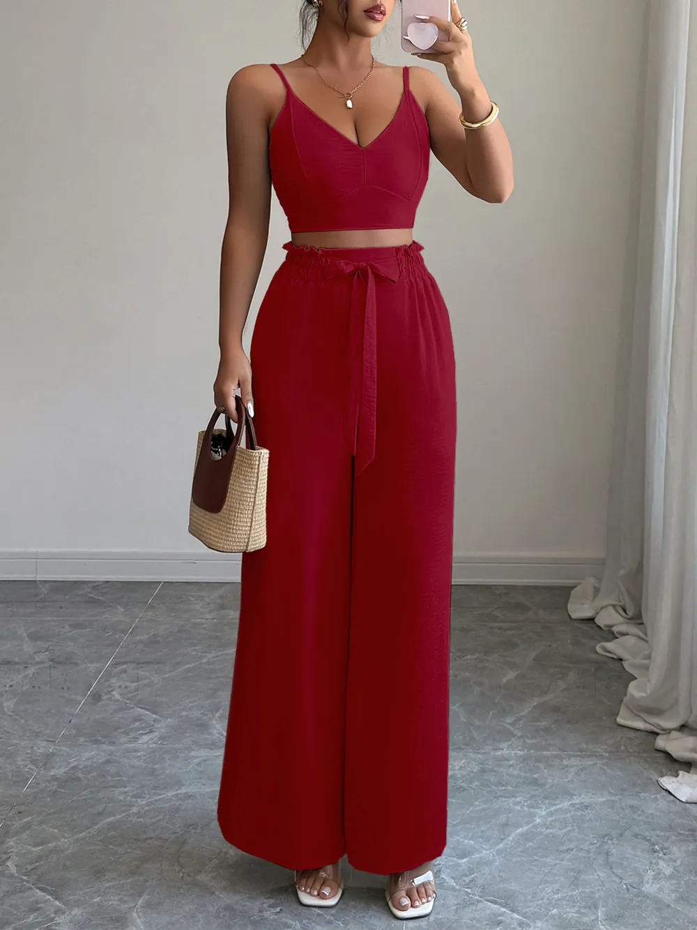 V-Neck Cami and Wide Leg Pants Set - Image 3