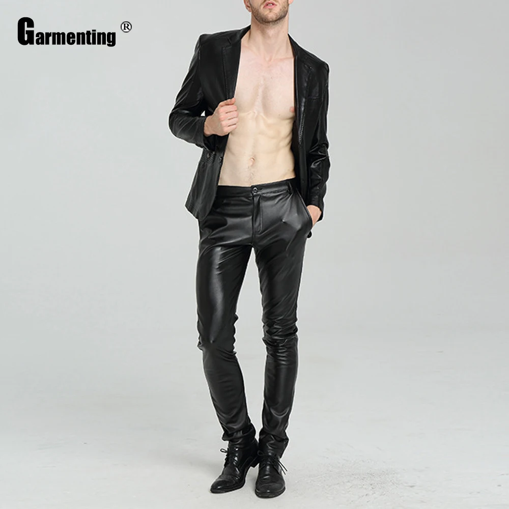 Garmenting Men PU Leather Pants Trendy 2021 Minimalist Male Casual Blue Red Trousers Sexy Faux Leather Skinny Pants Streetwear - Image 10