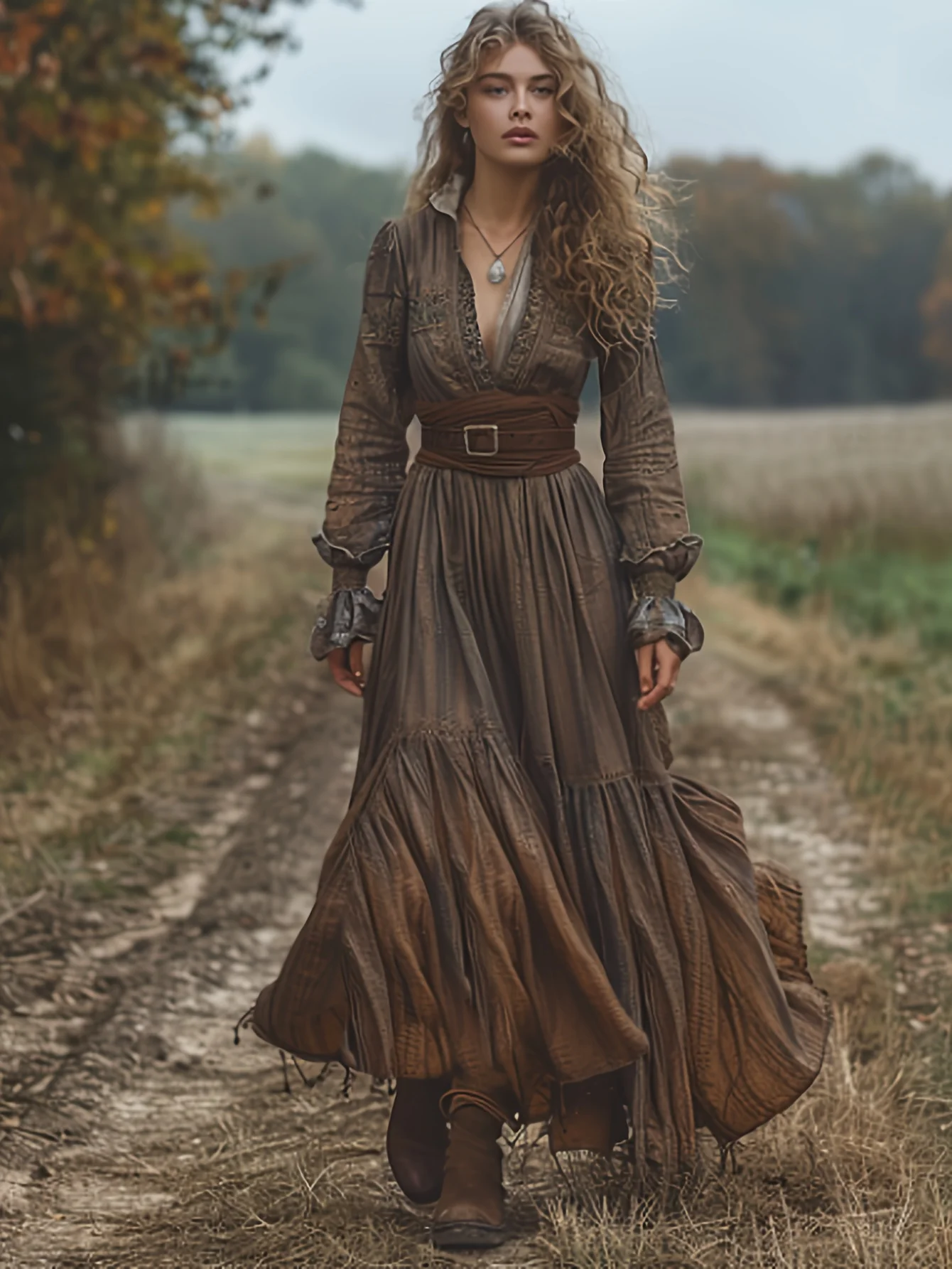 Vintage Women's Rustic Casual Dress Long Sleeve V-Neck Maxi Sexy Natural Spring Solid Pattern Front Pleating Digital Breathable - Image 7