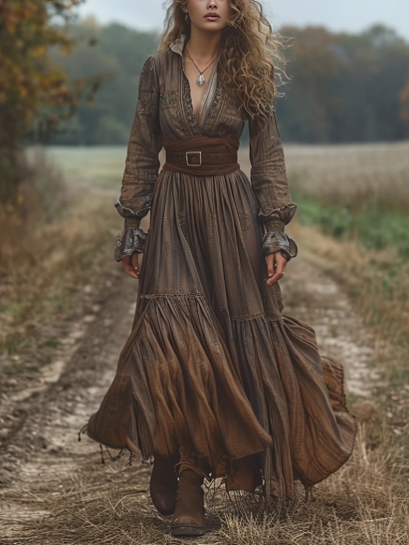 Vintage Women's Rustic Casual Dress Long Sleeve V-Neck Maxi Sexy Natural Spring Solid Pattern Front Pleating Digital Breathable - Image 2