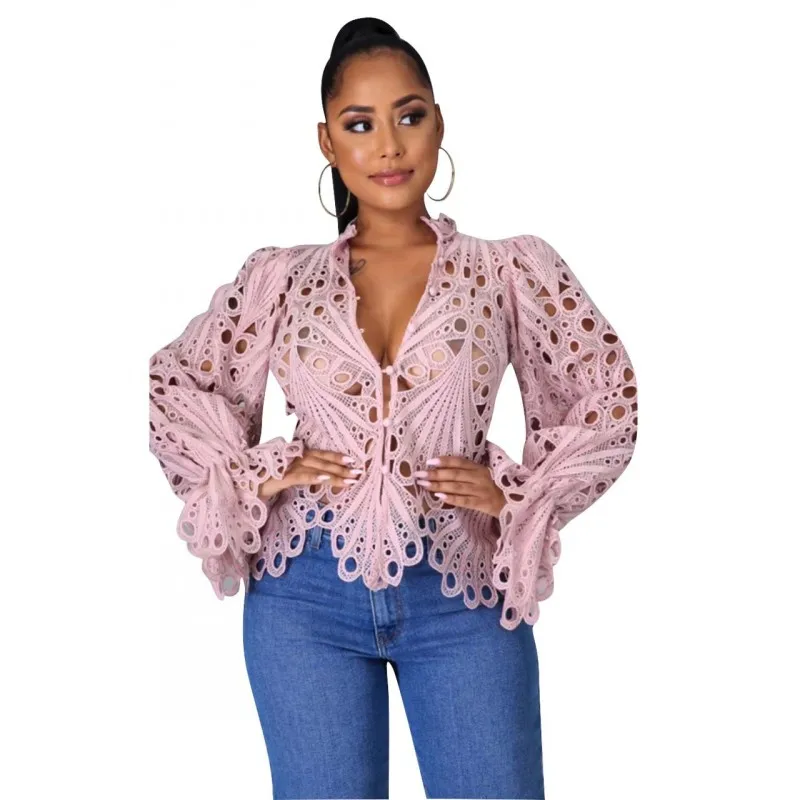 2025 New Elegant Long Sleeve Hollow Out Mesh Lace Shirt Sheer See Through Top Blouse Clothing Dashiki African Shirts For Women - Image 3