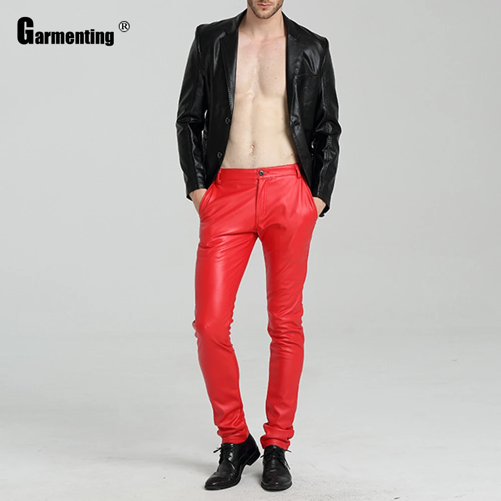 Garmenting Men PU Leather Pants Trendy 2021 Minimalist Male Casual Blue Red Trousers Sexy Faux Leather Skinny Pants Streetwear - Image 5