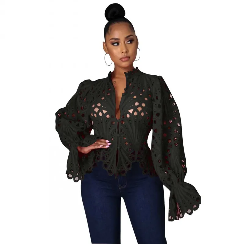 2025 New Elegant Long Sleeve Hollow Out Mesh Lace Shirt Sheer See Through Top Blouse Clothing Dashiki African Shirts For Women - Image 4