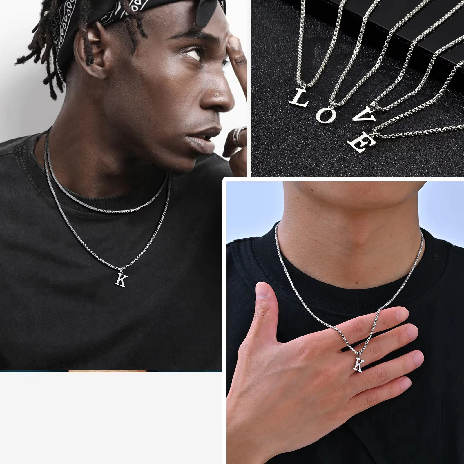 2025 Trendy Minimalist Steel Gray Stainless Steel Letter Pendant Necklace – Men's Multi-Style Fashion Jewelry - Image 2