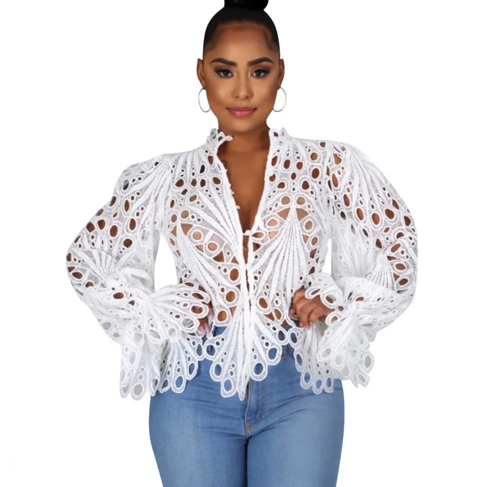 2025 New Elegant Long Sleeve Hollow Out Mesh Lace Shirt Sheer See Through Top Blouse Clothing Dashiki African Shirts For Women - Image 2