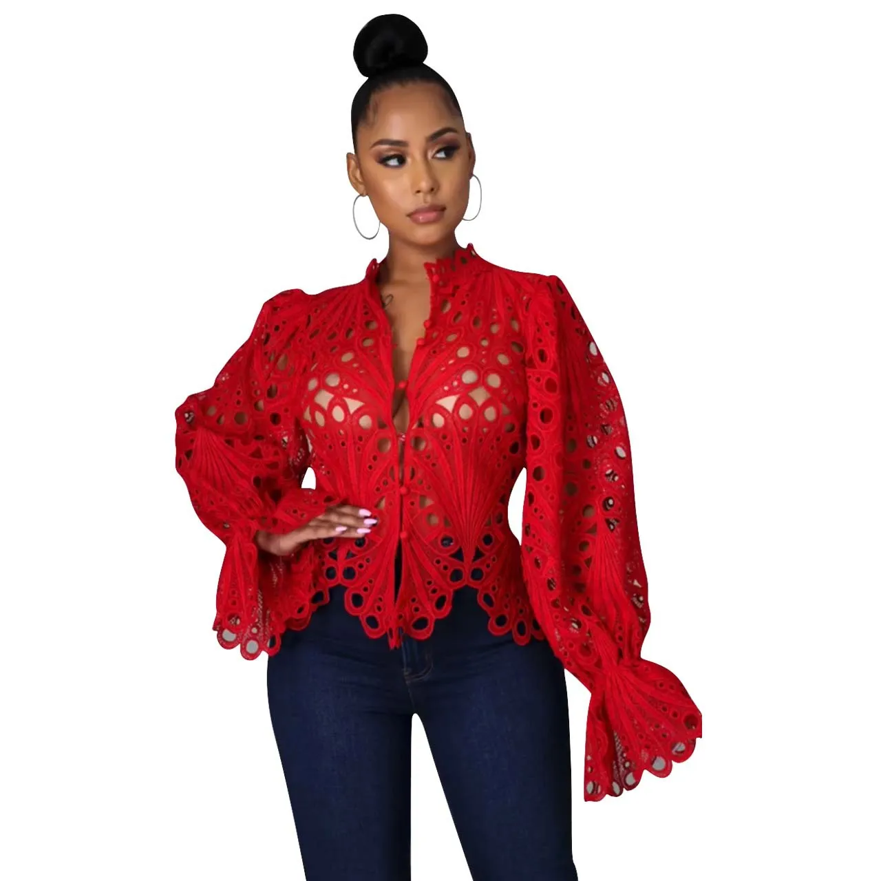2025 New Elegant Long Sleeve Hollow Out Mesh Lace Shirt Sheer See Through Top Blouse Clothing Dashiki African Shirts For Women - Image 11