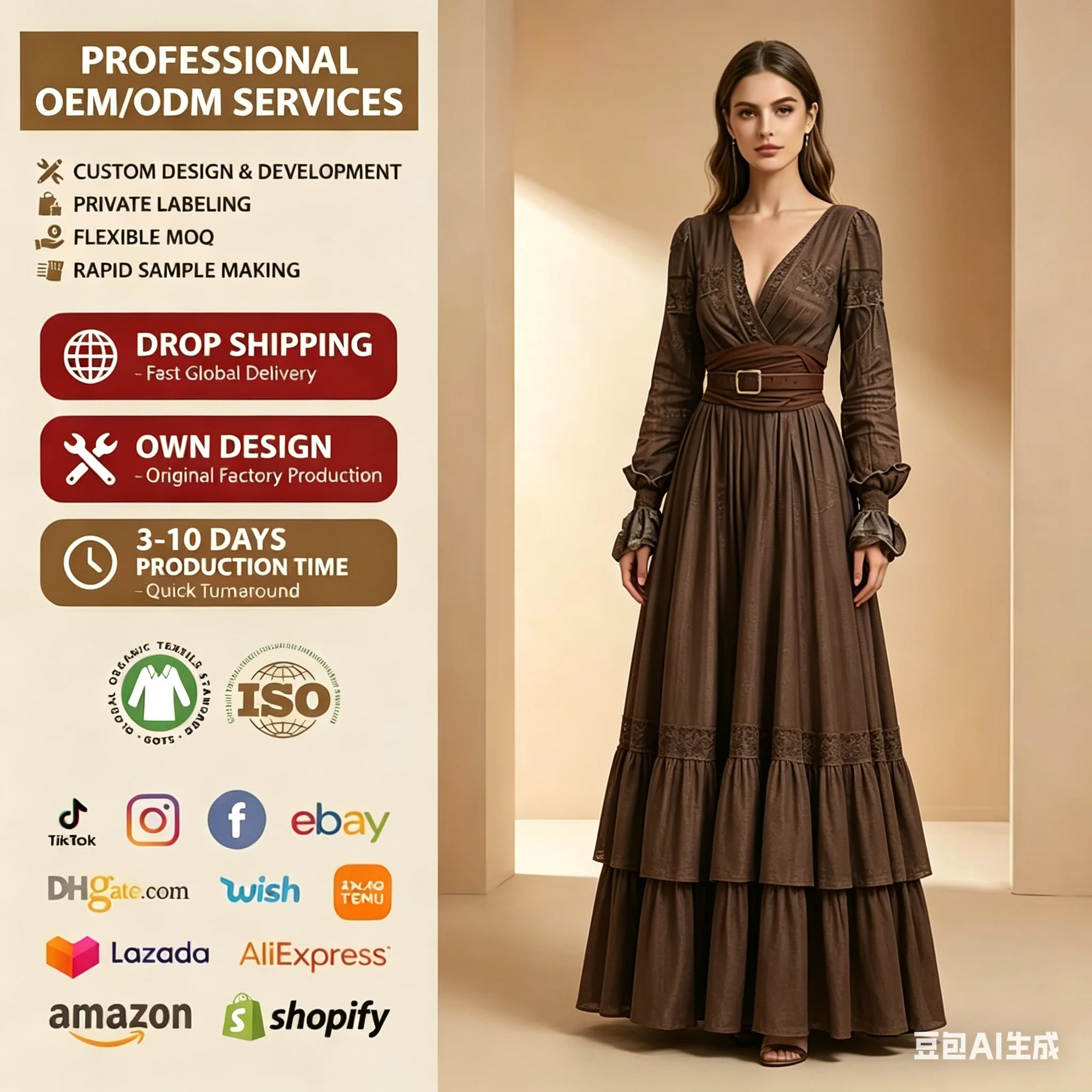 Vintage Women's Rustic Casual Dress Long Sleeve V-Neck Maxi Sexy Natural Spring Solid Pattern Front Pleating Digital Breathable - Image 3