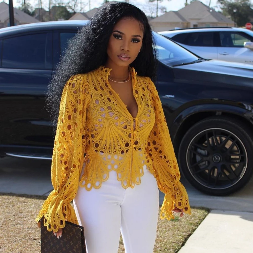 2025 New Elegant Long Sleeve Hollow Out Mesh Lace Shirt Sheer See Through Top Blouse Clothing Dashiki African Shirts For Women