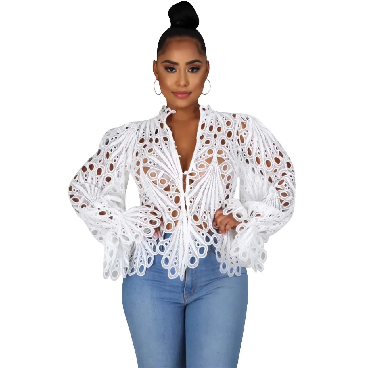 2025 New Elegant Long Sleeve Hollow Out Mesh Lace Shirt Sheer See Through Top Blouse Clothing Dashiki African Shirts For Women - Image 10