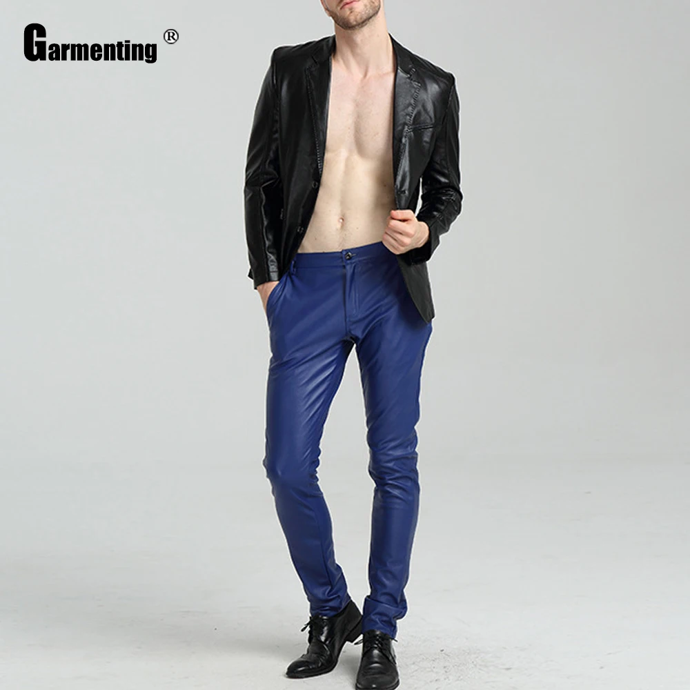 Garmenting Men PU Leather Pants Trendy 2021 Minimalist Male Casual Blue Red Trousers Sexy Faux Leather Skinny Pants Streetwear - Image 9