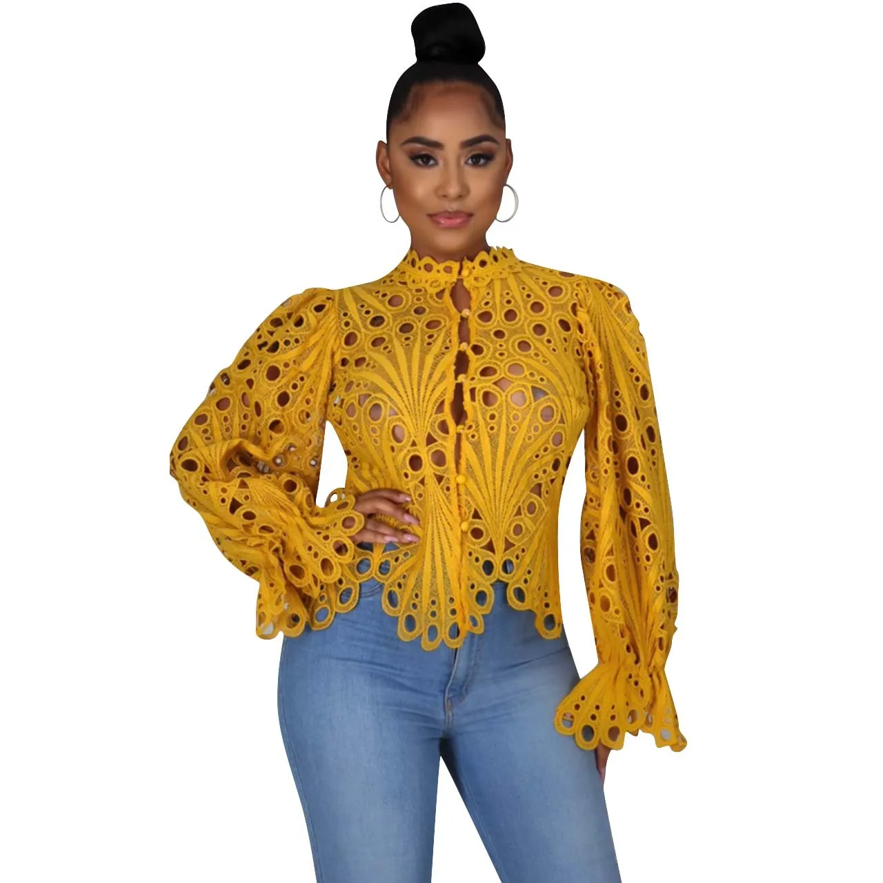 2025 New Elegant Long Sleeve Hollow Out Mesh Lace Shirt Sheer See Through Top Blouse Clothing Dashiki African Shirts For Women - Image 9