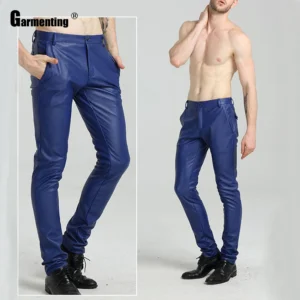 Garmenting Men PU Leather Pants Trendy 2021 Minimalist Male Casual Blue Red Trousers Sexy Faux Leather Skinny Pants Streetwear