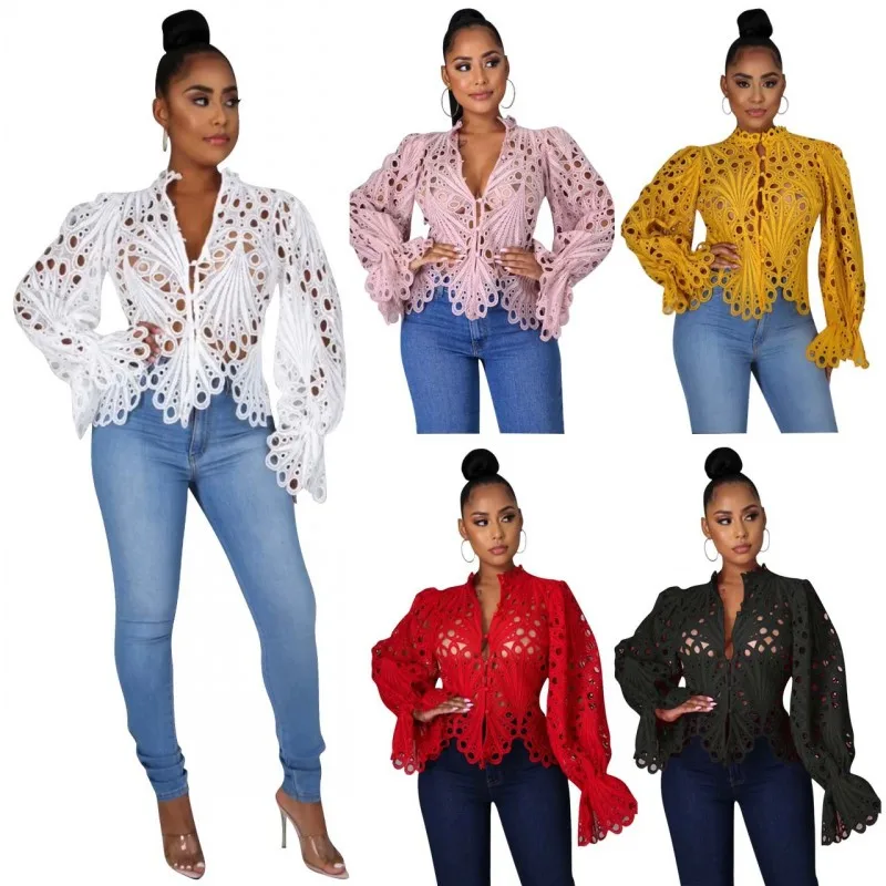 2025 New Elegant Long Sleeve Hollow Out Mesh Lace Shirt Sheer See Through Top Blouse Clothing Dashiki African Shirts For Women - Image 5