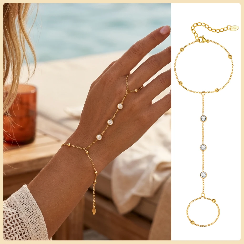 Stainless Steel Hand Chain Ring Bracelet for Women, Adjustable Gold Plated Double Layer Finger Bracelets Summer Party Jewelry - Image 12
