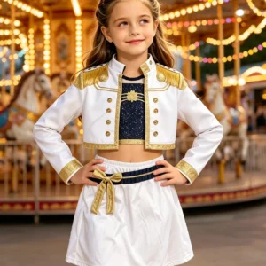 Girls Performance Costume Set, Crop Jacket, Inner Top & Skirt, Kids Halloween Idol Themed Dress Up Outfit