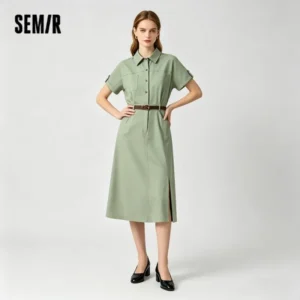Semir Women Dress Shirt Collar Cotton Slit Midi Belt Slim Vintage Urban Workwear 2026 Summer Fashion Office Top