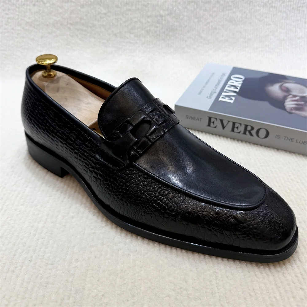 Luxury Men's Genuine Leather Dress Shoes Crocodile Print Wedding Loafers Double Buckle Business Office Formal Slip-On Shoes - Image 8