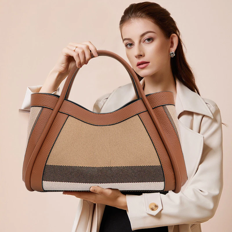 Aidrani New retro checkered women's handbag, large capacity luxury bag, canvas genuine leather bag - Image 2
