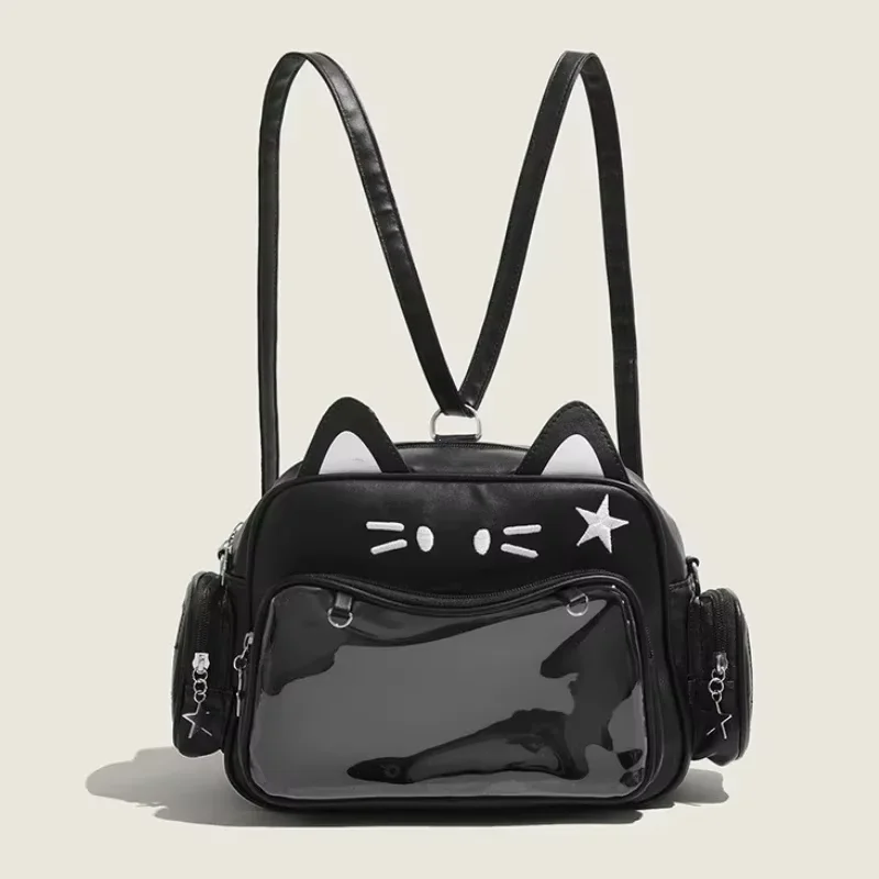 New Y2K Korean Kawaii Cat Ita Bag Cute PU Shoulder Bag Girls Transparent Pocket Harajuku Crossbody Bag Women's Fashion Backpacks