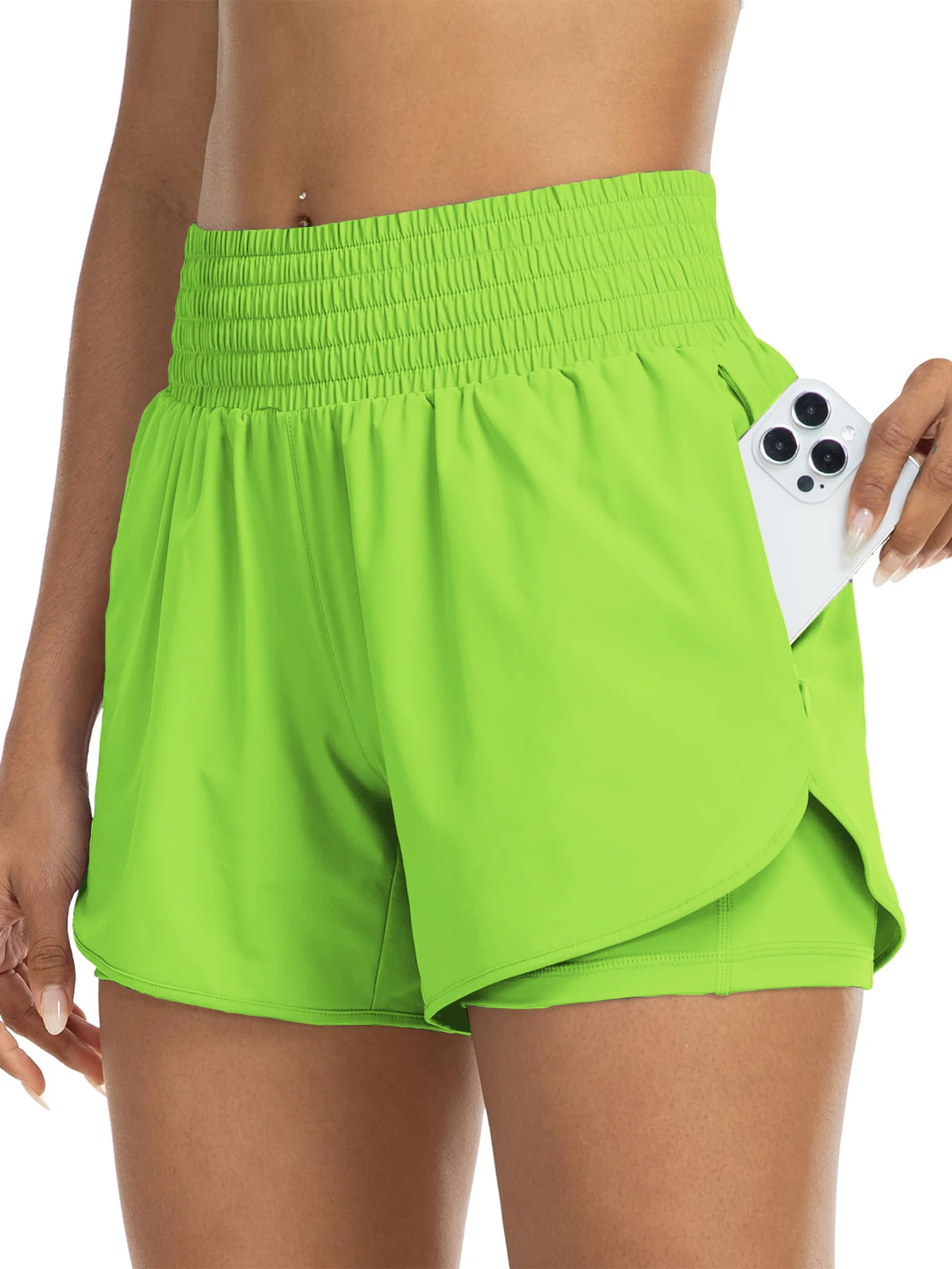 Women's high-waisted athletic shorts for running, yoga, layered design, anti-exposure, fitness, and workout with pockets - Image 7