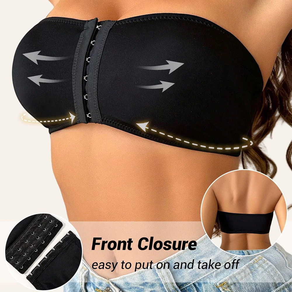 Plus Size Women's Front Fastening Bandeau Bras Strapless Push Up Wirefree Comfortable Bra Strapless Everyday Padded Bralette - Image 4