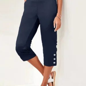 Women's High Waisted Capri Trousers Summer Stretch Cropped Pants with Pocket and Button Details Navy Blue Casual Comfort