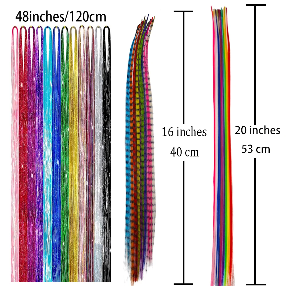 48Pcs Women's Colorful Synthetic Hair Extensions Set 38 Colors Tinsel Wig 26 Colors Feather Extensions Tool Kit for Hairdressing - Image 4