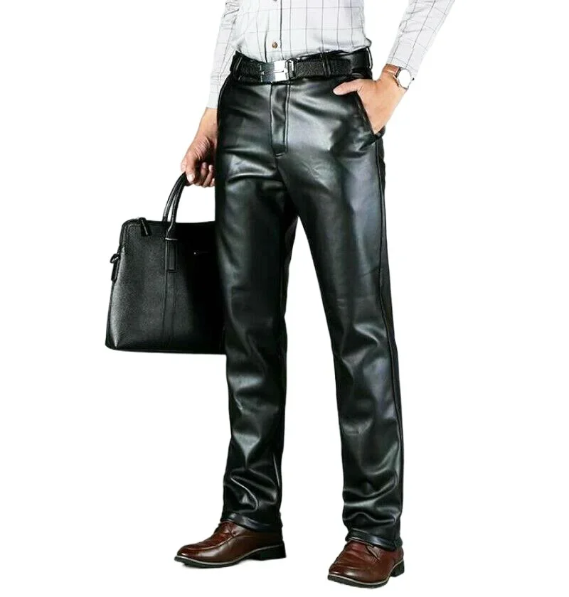 Black leather pants men's fashion casual plus size motorcycle pants trousers men's PU leather jogging pants business - Image 3